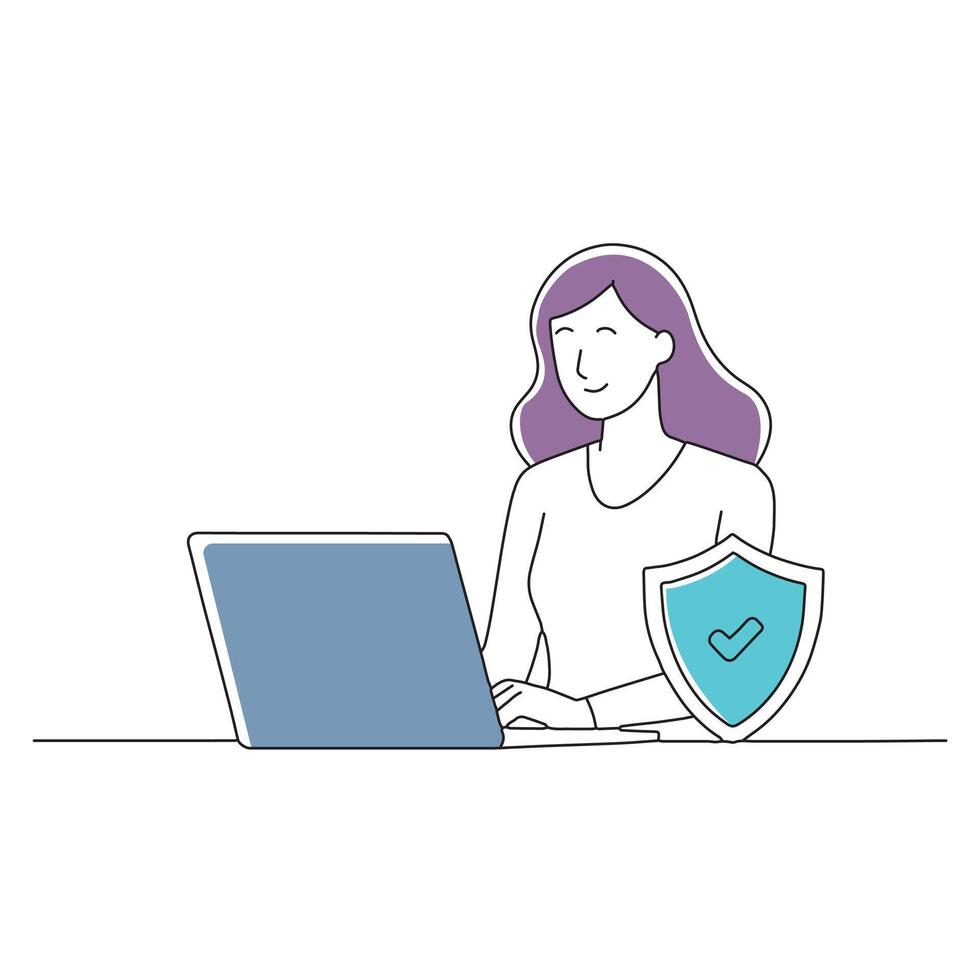Woman using laptop computer with shield doodle continuous line art illustration vector