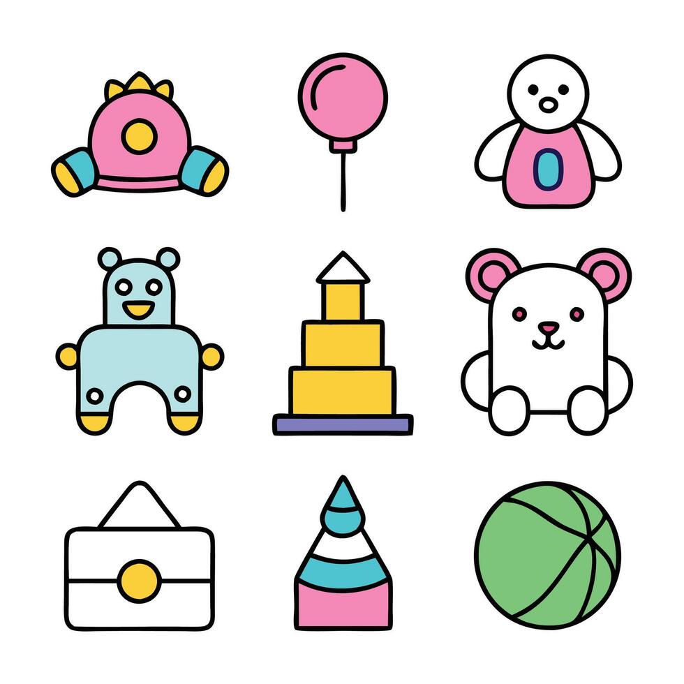 Toys concept colorful linear icons. color offset line icons flat color outline sign collection set vector