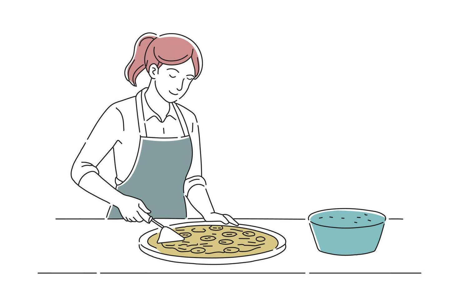 Woman is preparing pizza doodle continuous line art illustration on white background vector
