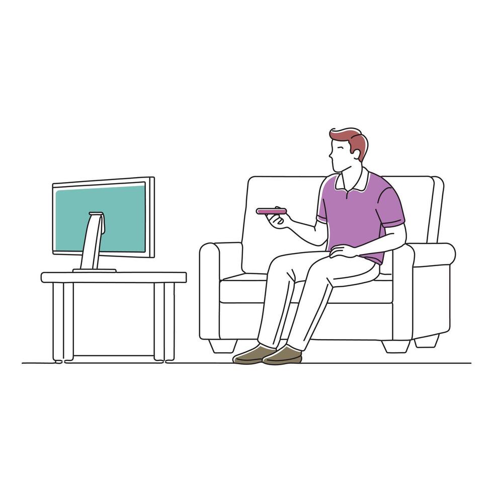 Man on the couch watching tv, changing channels doodle continuous line art illustration vector