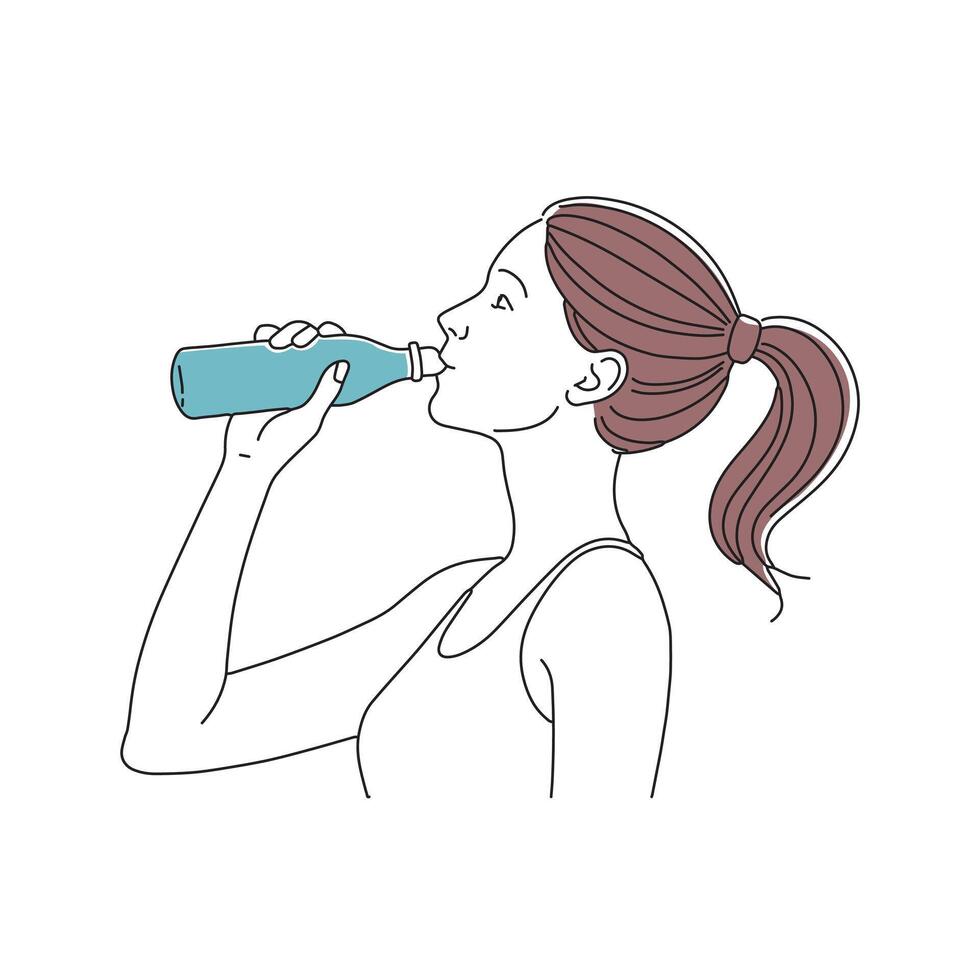woman is refreshing herself by drinking water from a clear bottle, showcasing hydration and wellness doodle continuous line art illustration vector