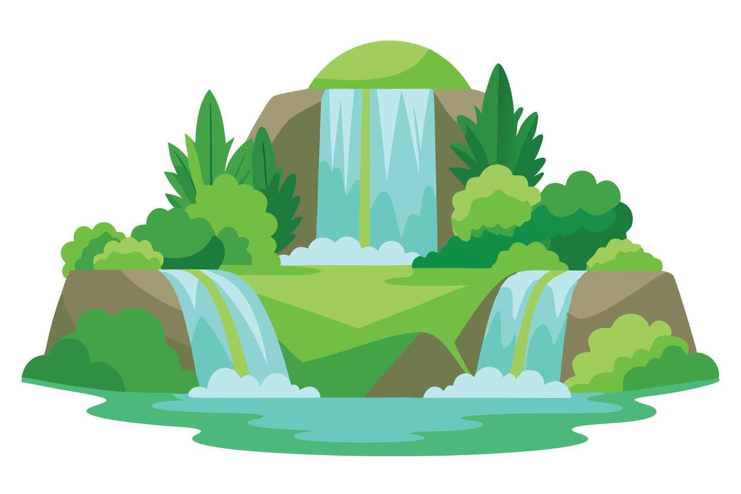 Cascading waterfalls in a lush green place flat illustration on white background vector