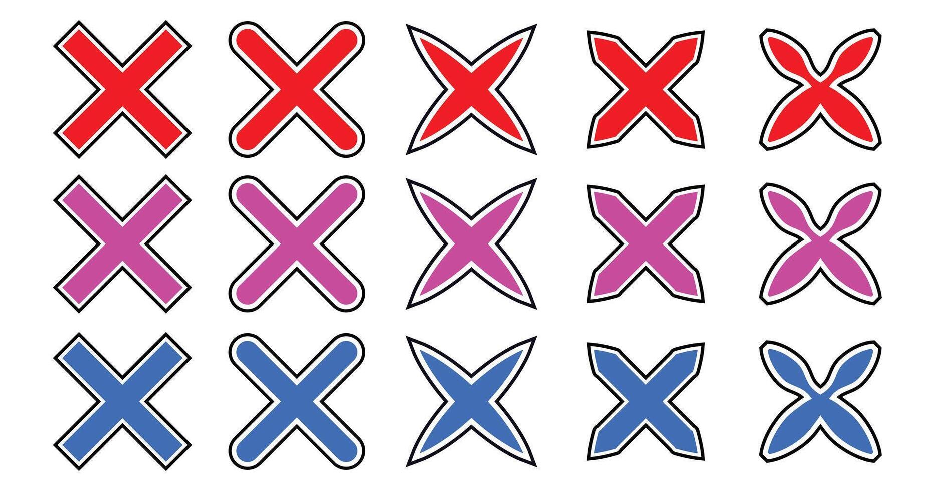Cross icon collection flat style illustration isolated on white background. Red, pink, blue. vector