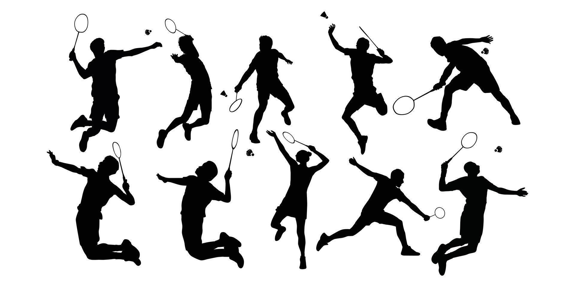 Badminton players silhouette set illustration. Collection men playing badminton for background design. vector