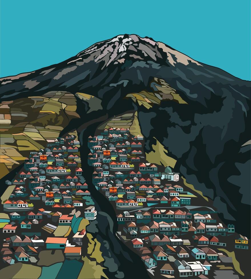 Mountain landscape with with buildings and the blue sky. Flat design style illustration for background design. vector