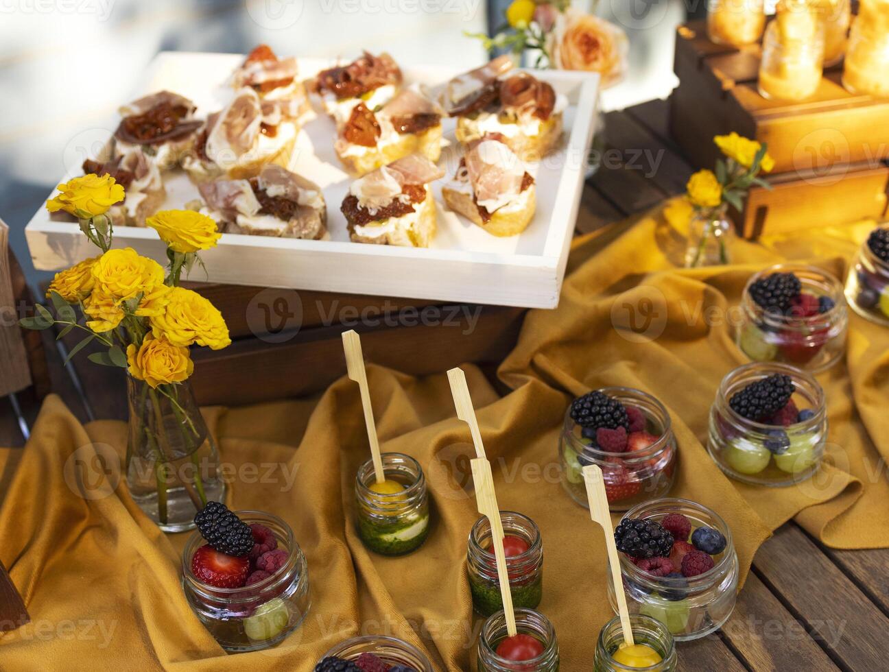 Backyard barbeque party at summer, elegant decoration, luxury catering photo