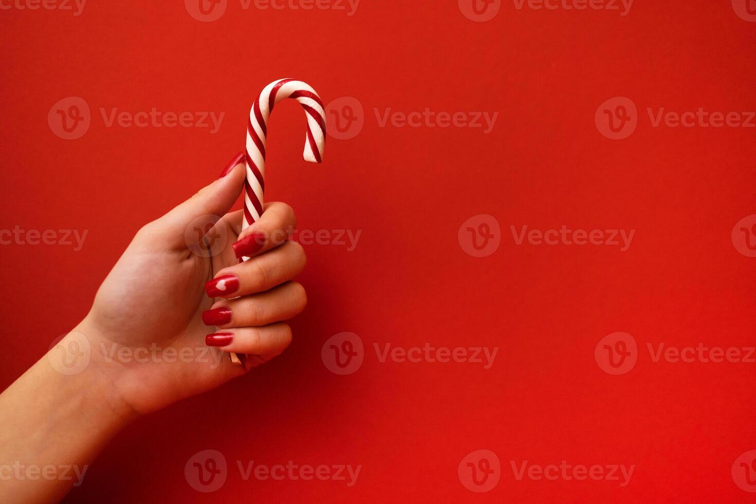 The hand of a young girl with a red manicure holds a candy cane. Cinnamon or peppermint stick on bright red background. photo