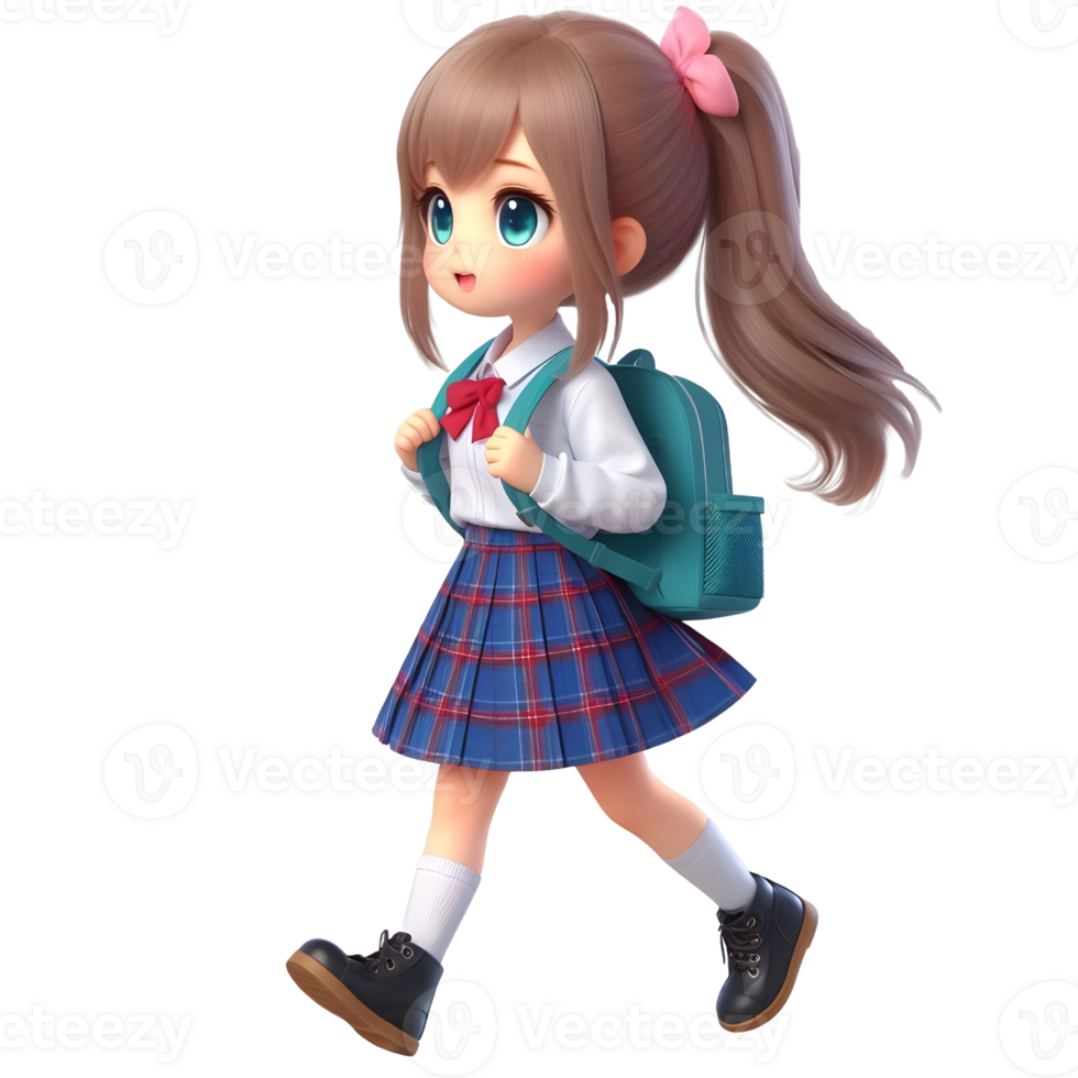3d girl going to school on transparent background png