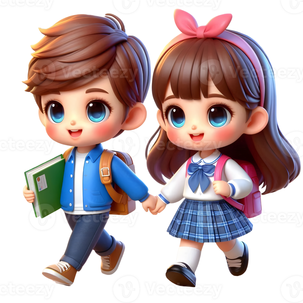 3d little boy and girl going to school on transparent background png