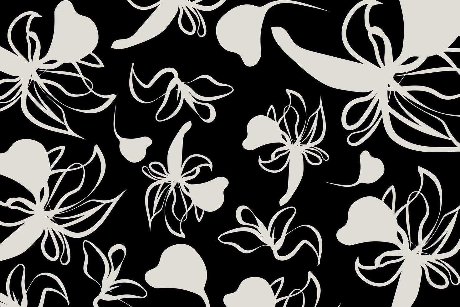 Dark monochromatic floral pattern style with soft white abstract flowers contrast sharply against a black background. This creates a striking. vector