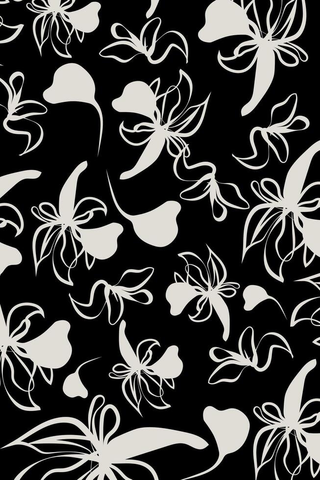 New style of black and white flower pattern design for fabric and clothes textile. soft white abstract flowers contrast sharply against a black background vector