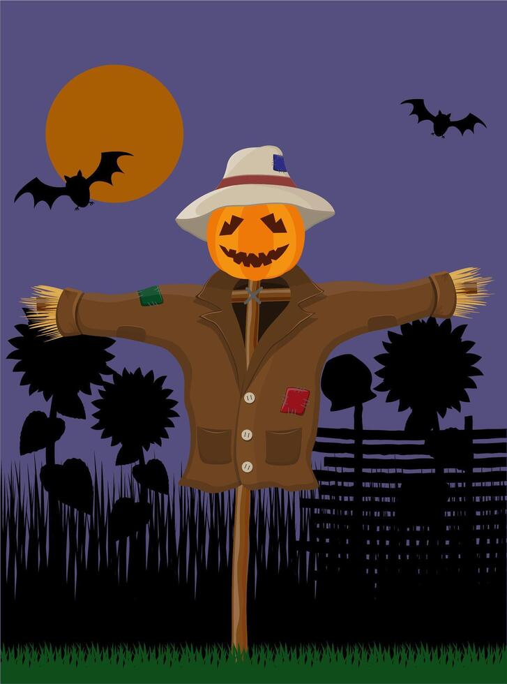 garden scarecrow with a pumpkin head for holidays halloween flat style stock illustration vector