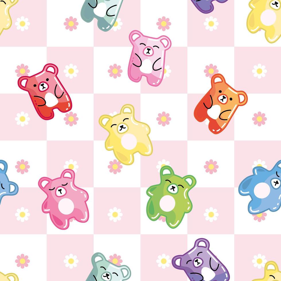 Cute bears, Colorful sweet jelly bears, gummy candies on flower simple background. Seamless pattern. Texture for fabric, wallpaper, decorative print vector