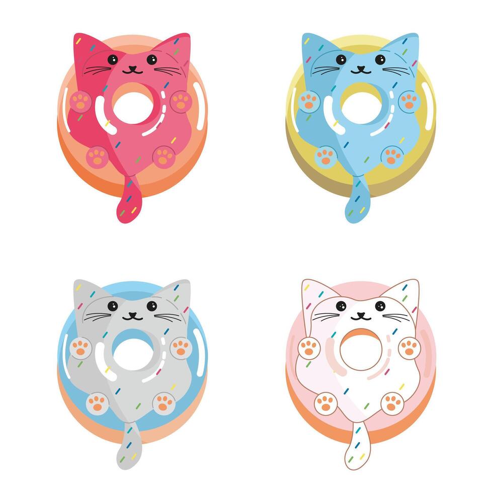 Cute Cat character donut set. Food dessert donuts with glaze and sprinkles. Childish illustration on isolated white background vector