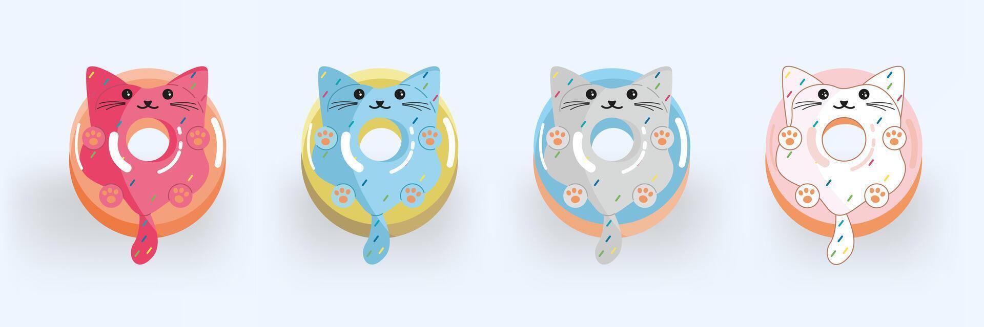 Cute Cat character donut set. Food dessert donuts with glaze and sprinkles. Childish illustration on isolated white background vector