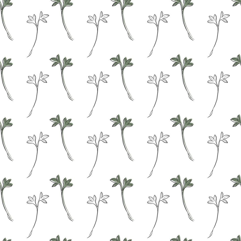 hand drawn seamless pattern with microgreens . Contour sprouts of watercress plant. Print for fabric, health food packaging, labels vector