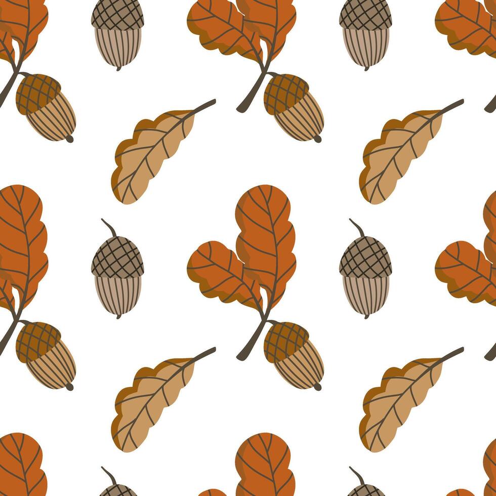 Seamless pattern with an acorn and oak leaf in flat style. Elements for autumn design in brown color. Natural floral clipart for cozy compositions on the theme of the harvest festival vector