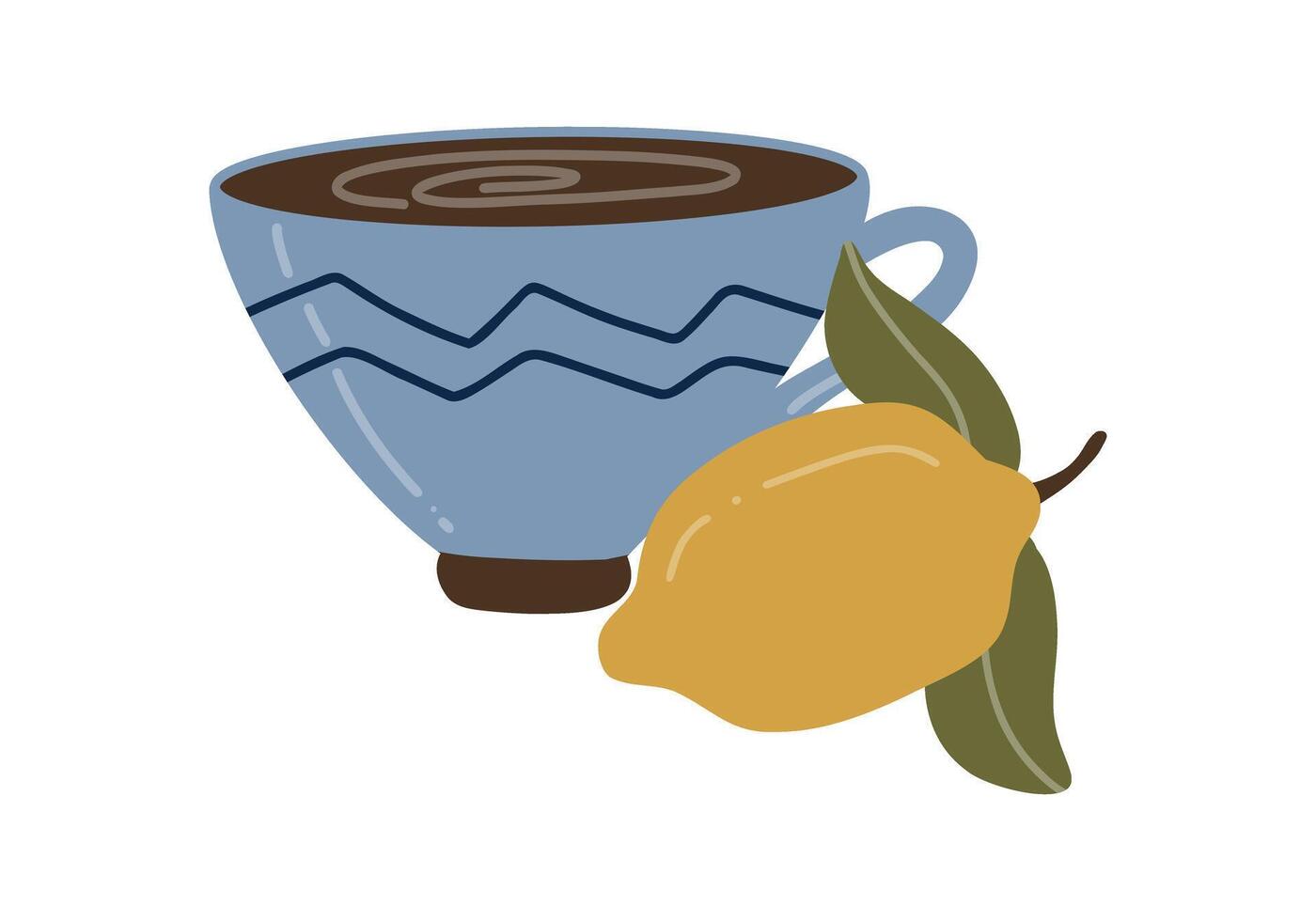 A minimalist illustration of a blue teacup filled with a hot beverage with a yellow lemon and green leaves. The simple, flat design is perfect for tea-themed artwork or cozy autumn graphics. vector