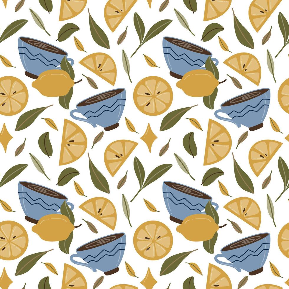 Seamless pattern with illustration of a blue cup with a yellow lemon and green leaves. The simple, flat design is perfect for tea-themed artwork or cozy autumn graphics. vector