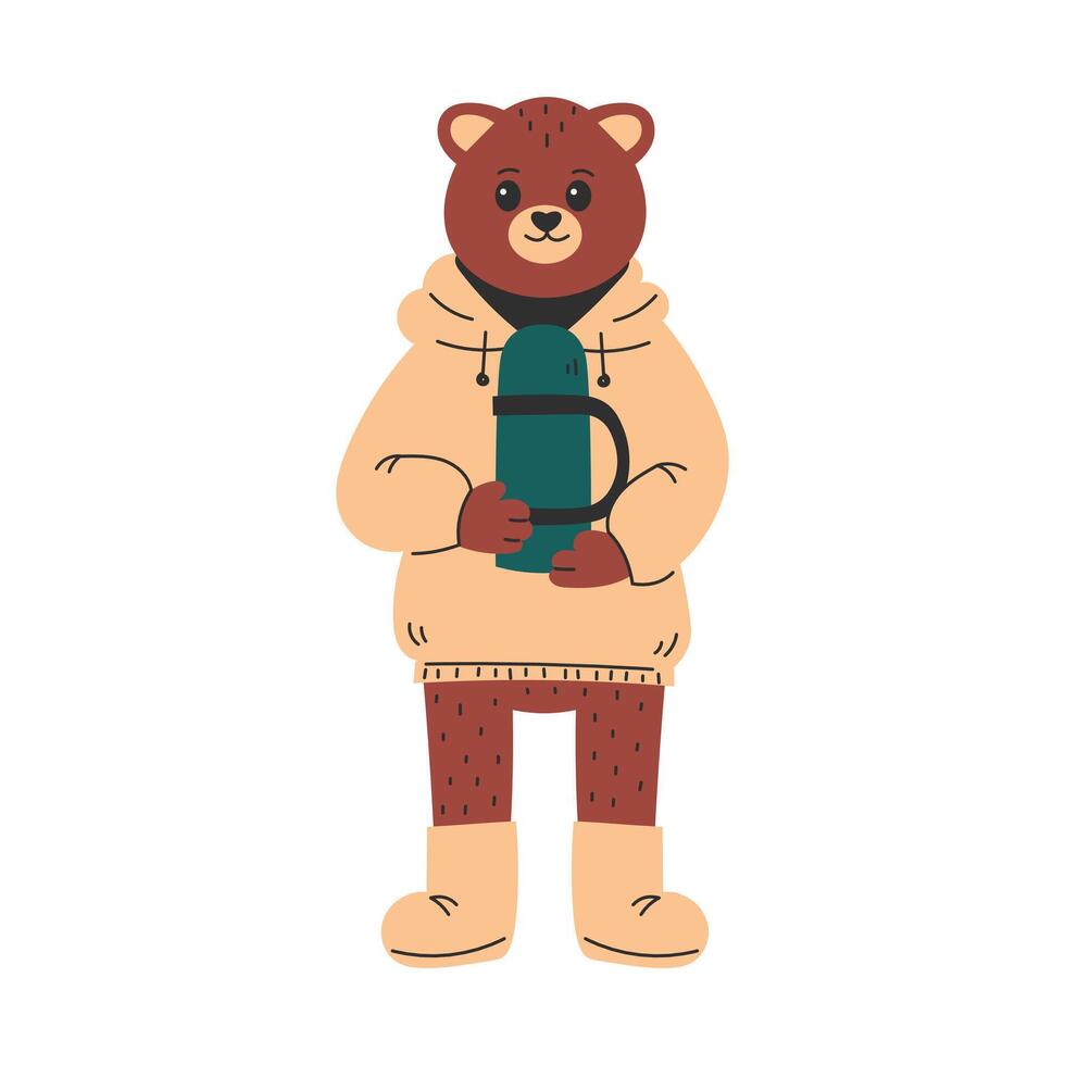 Bear wearing Warm Clothes and Holding Thermos vector