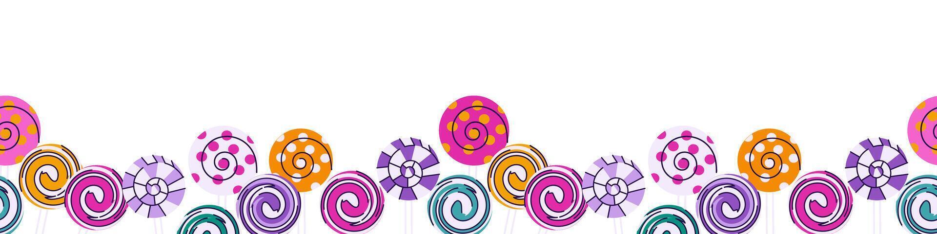 Striped lollipops Halloween seamless border isolated on transparent background. Trick or treat, twisted hard sugar candies. Festive poster, banner template. Modern flat cartoon illustration vector
