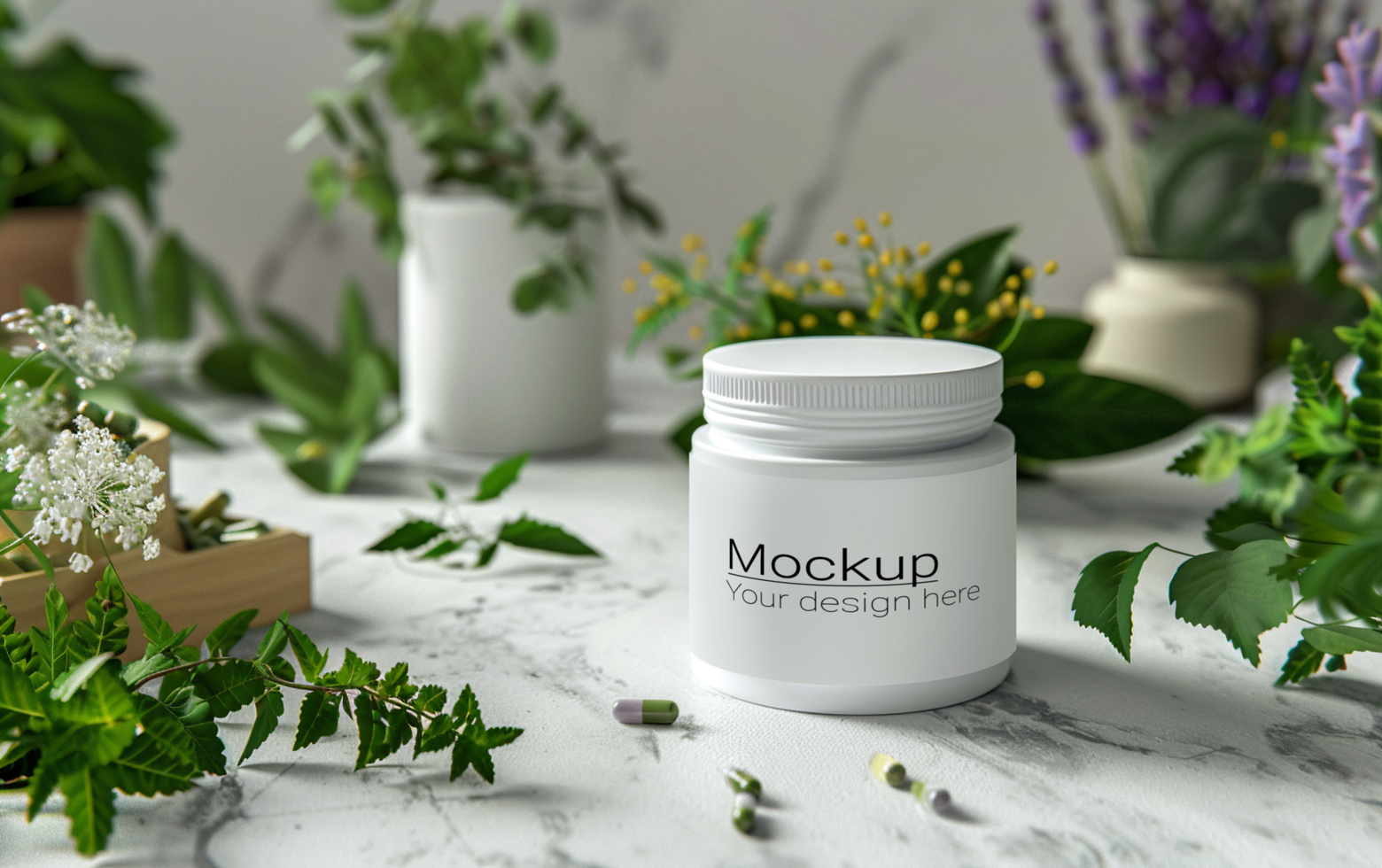 A jar of herbal medicine on a table with plants psd