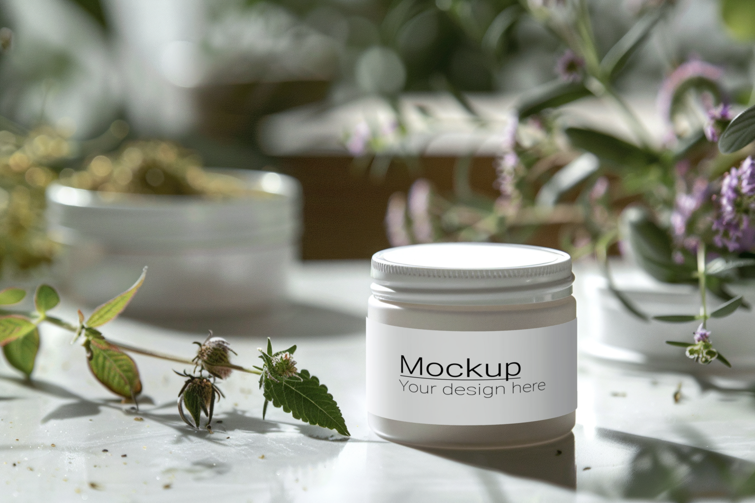 Mockup of a jar of herbal cream on a table psd