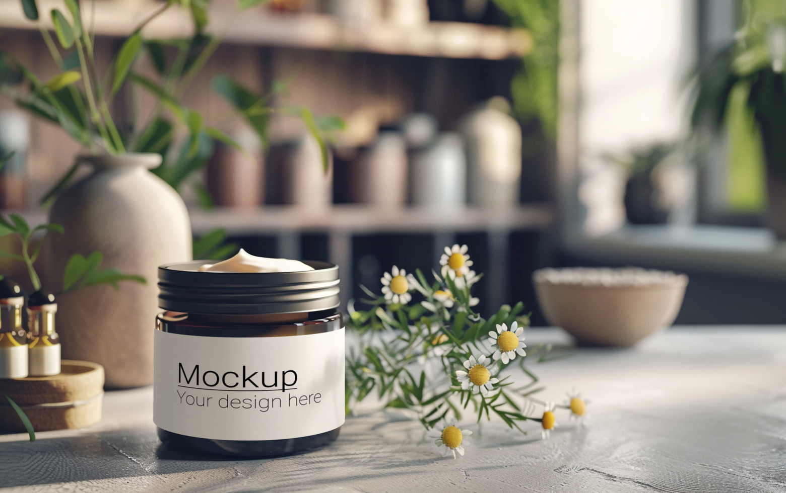 Mockup of a jar of natural cosmetics on a table psd