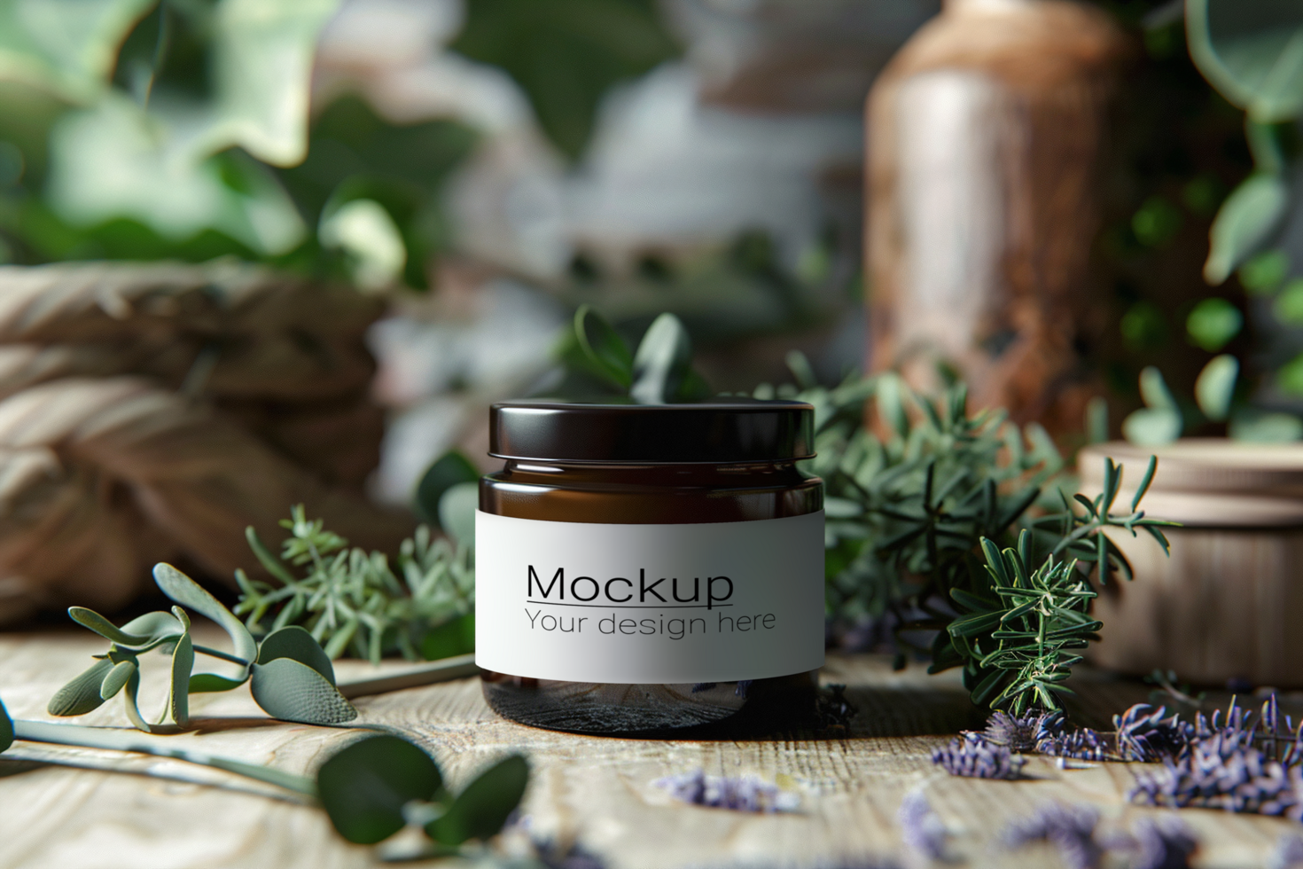 Mockup of a jar of lavender oil on a wooden table psd