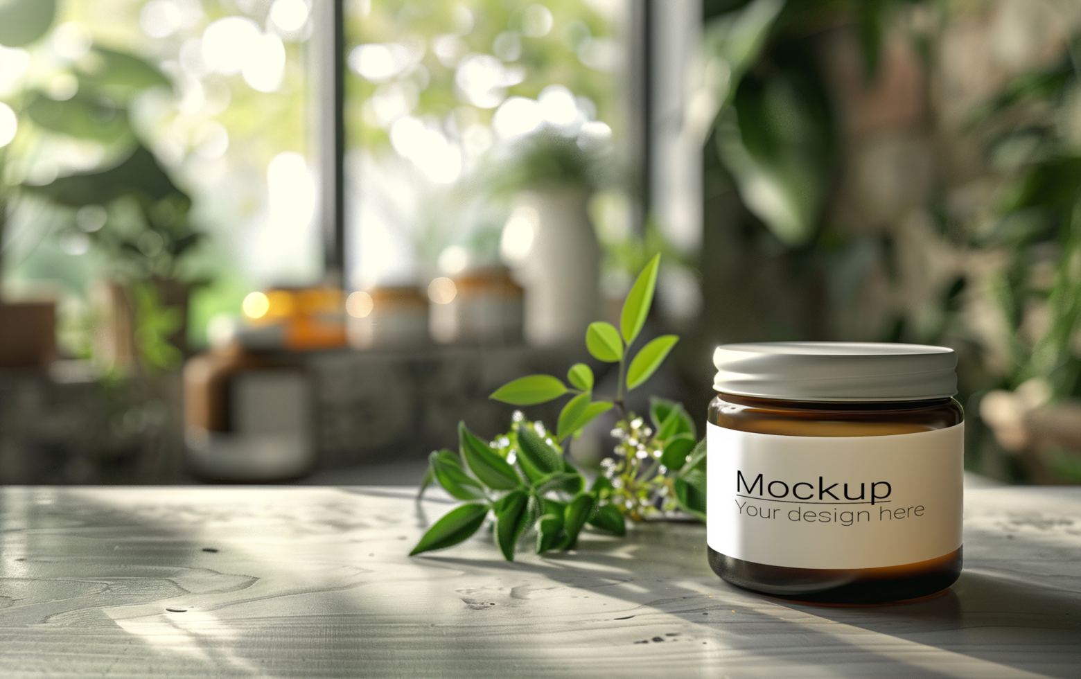 Mockup of a jar of natural honey on a wooden table with plants and a window psd