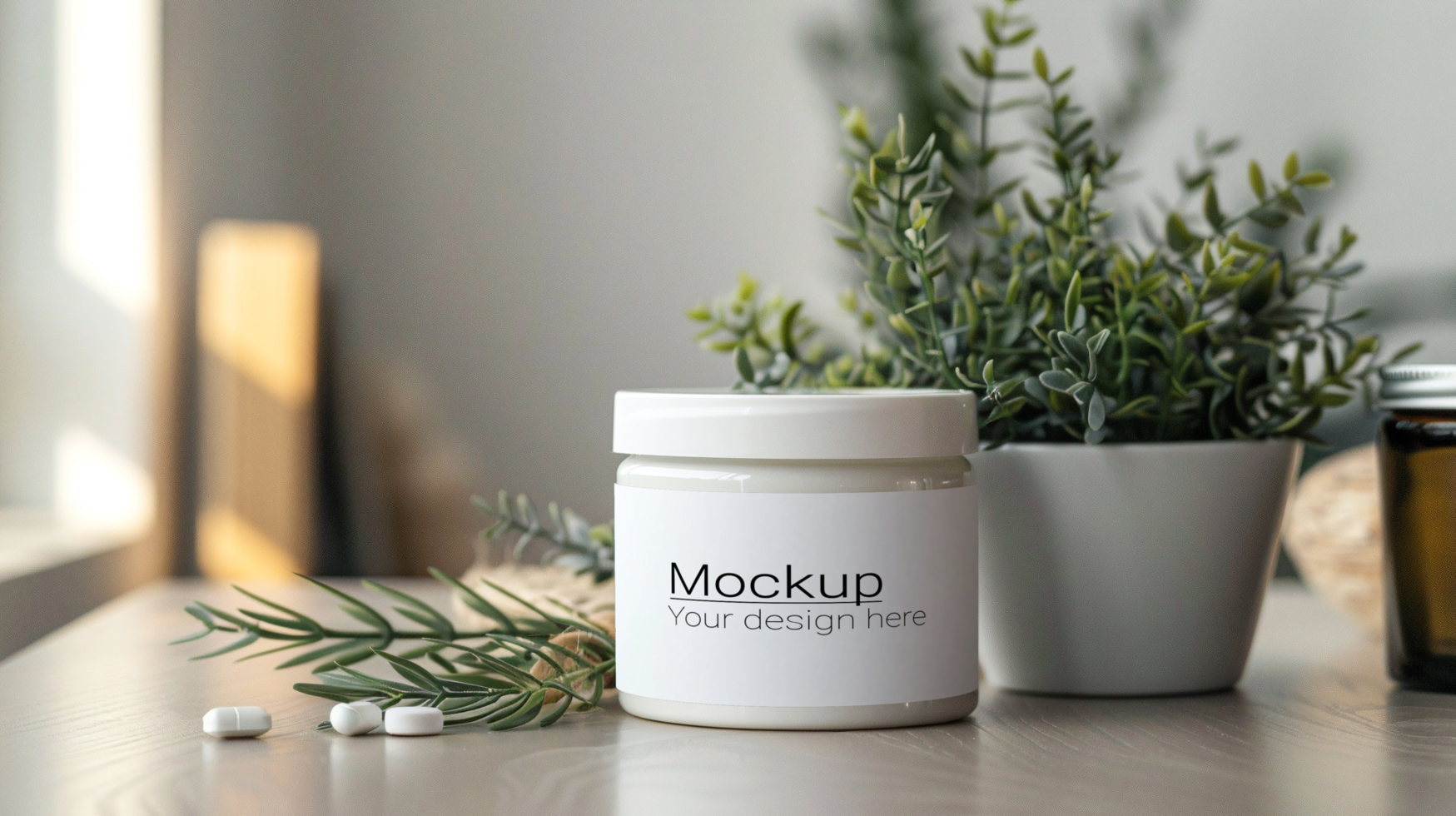 Mockup of a jar of medicine on a table psd