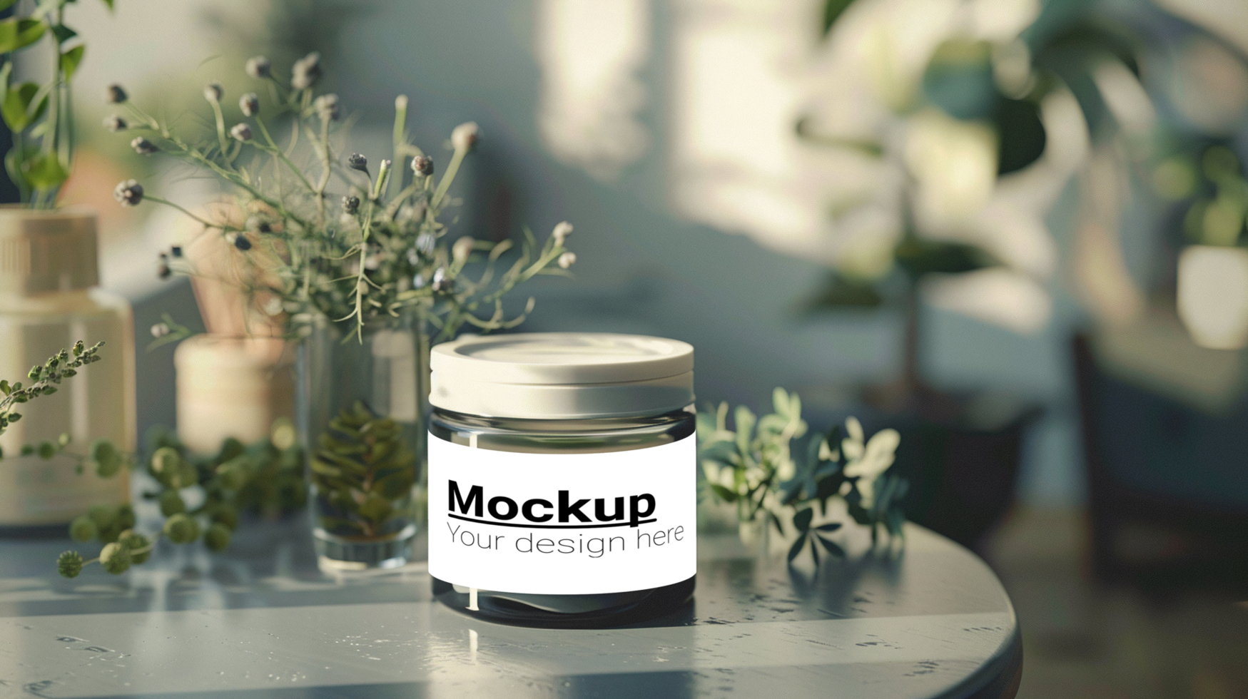 Mockup jar on table with plants psd