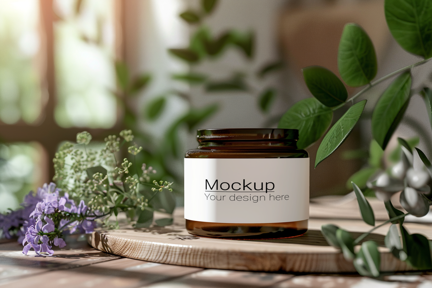 Mockup of a jar of natural essential oil on a wooden table psd