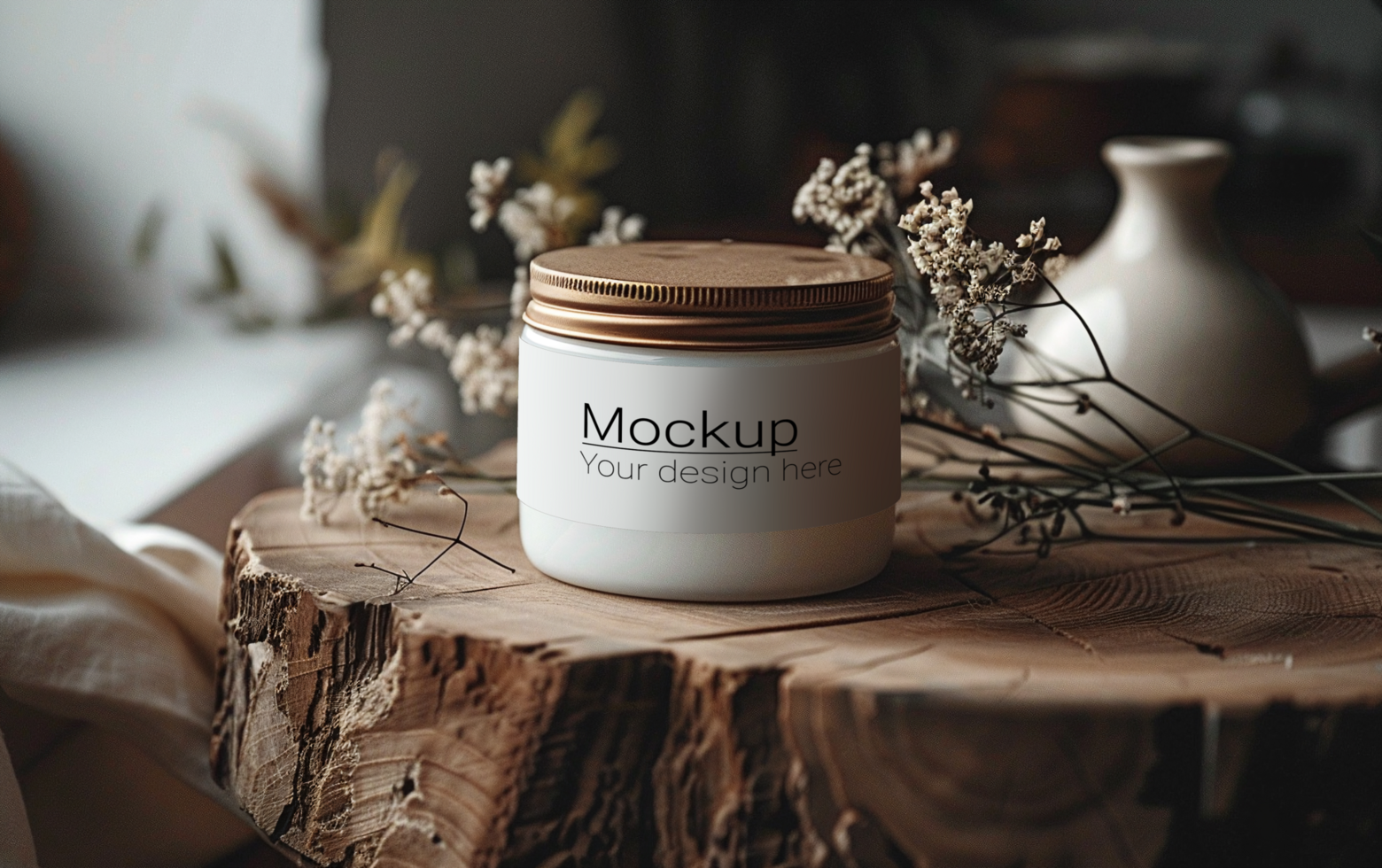 Mockup of a candle on a wooden table psd
