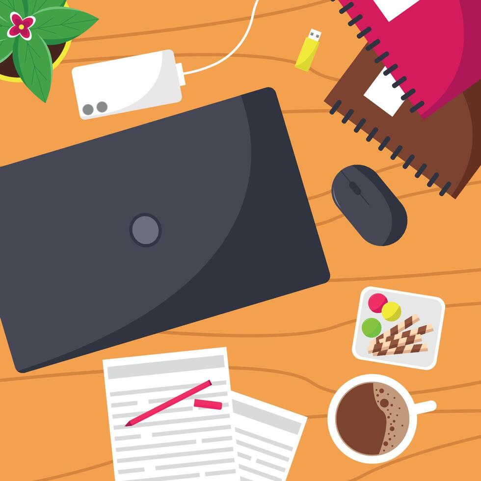 Work desk from the top. Computer, coffee, telephone. Various office supplies. vector