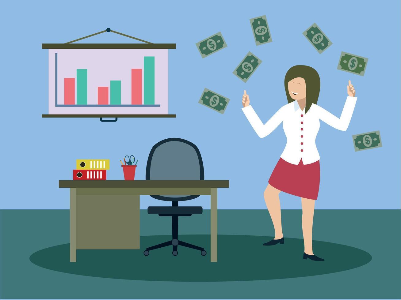 A female entrepreneur is happy that she made a lot of money from a successful deal. vector