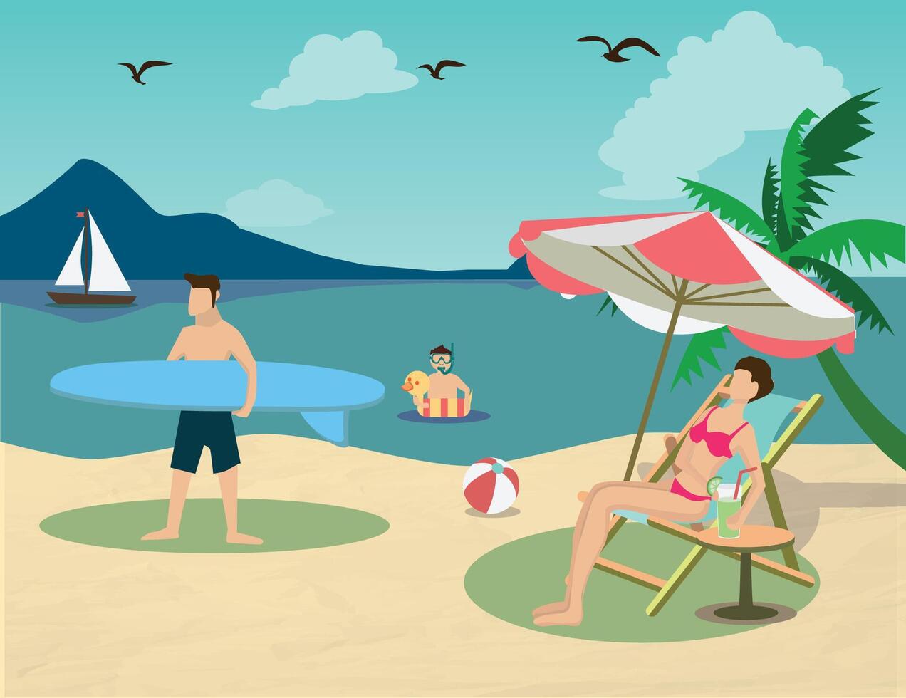 Summer beach holiday on the ocean shore with people. vector