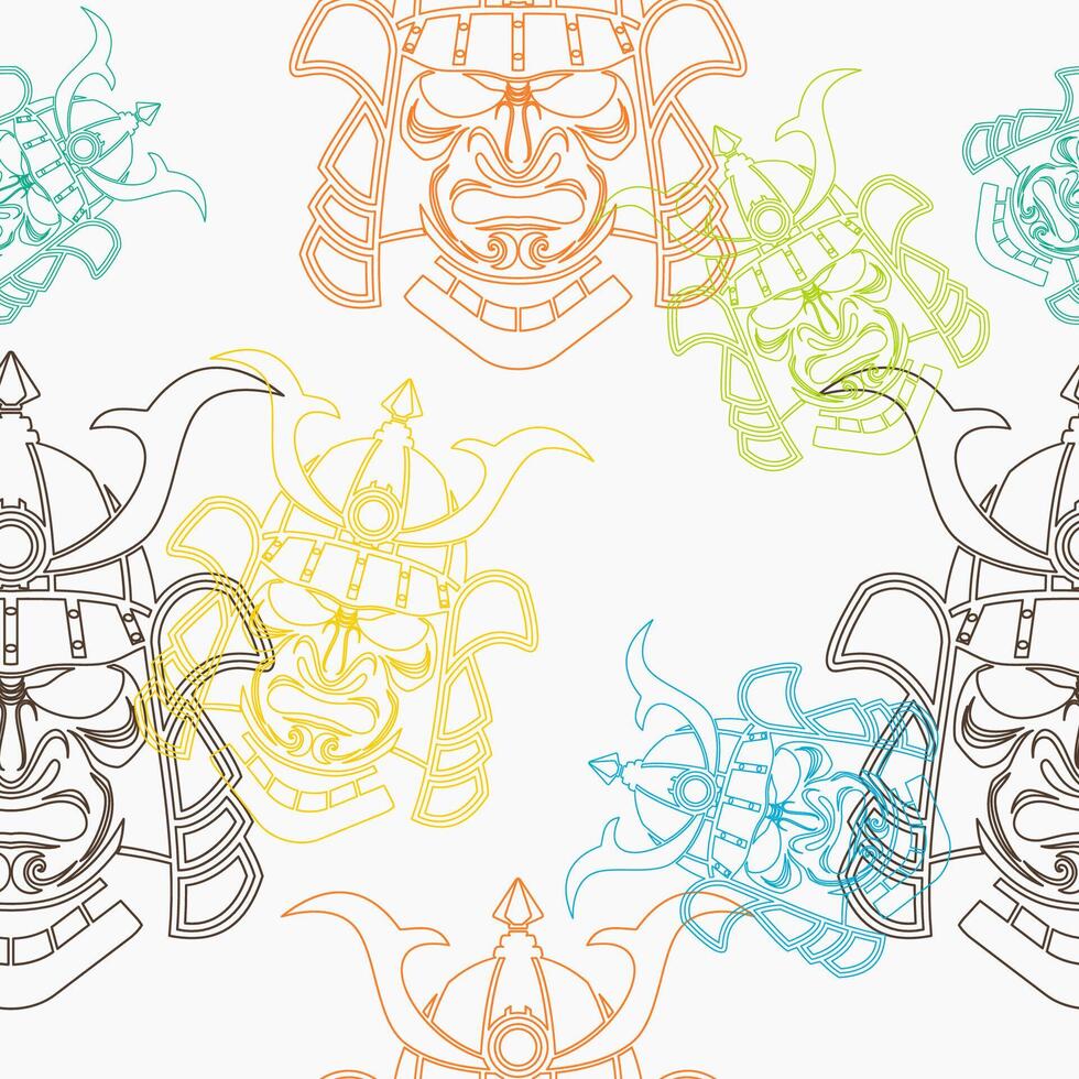 Editable Outline Style Samurai Ancient Japanese Warrior Face Mask Vectorized Illustration Seamless Pattern in Various Colors for Tourism Travel and Historical or Cultural Education Background vector