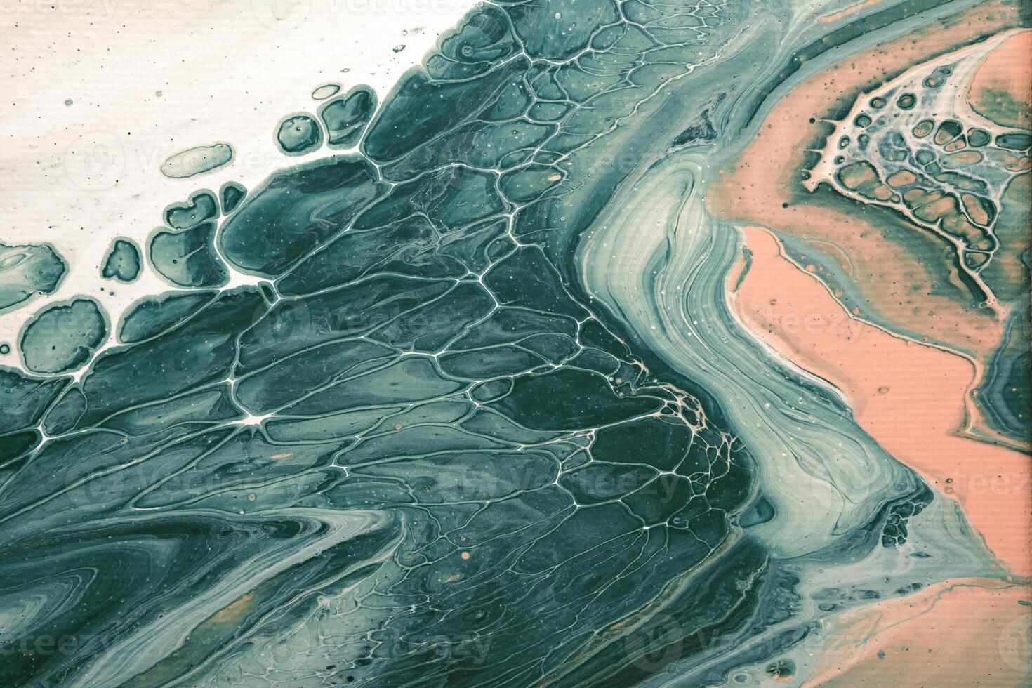 Acrylic Fluid Art. Natural Turquoise waves and frothy bubbles flow on canvas. Digital decor. Abstract stone background or texture photo