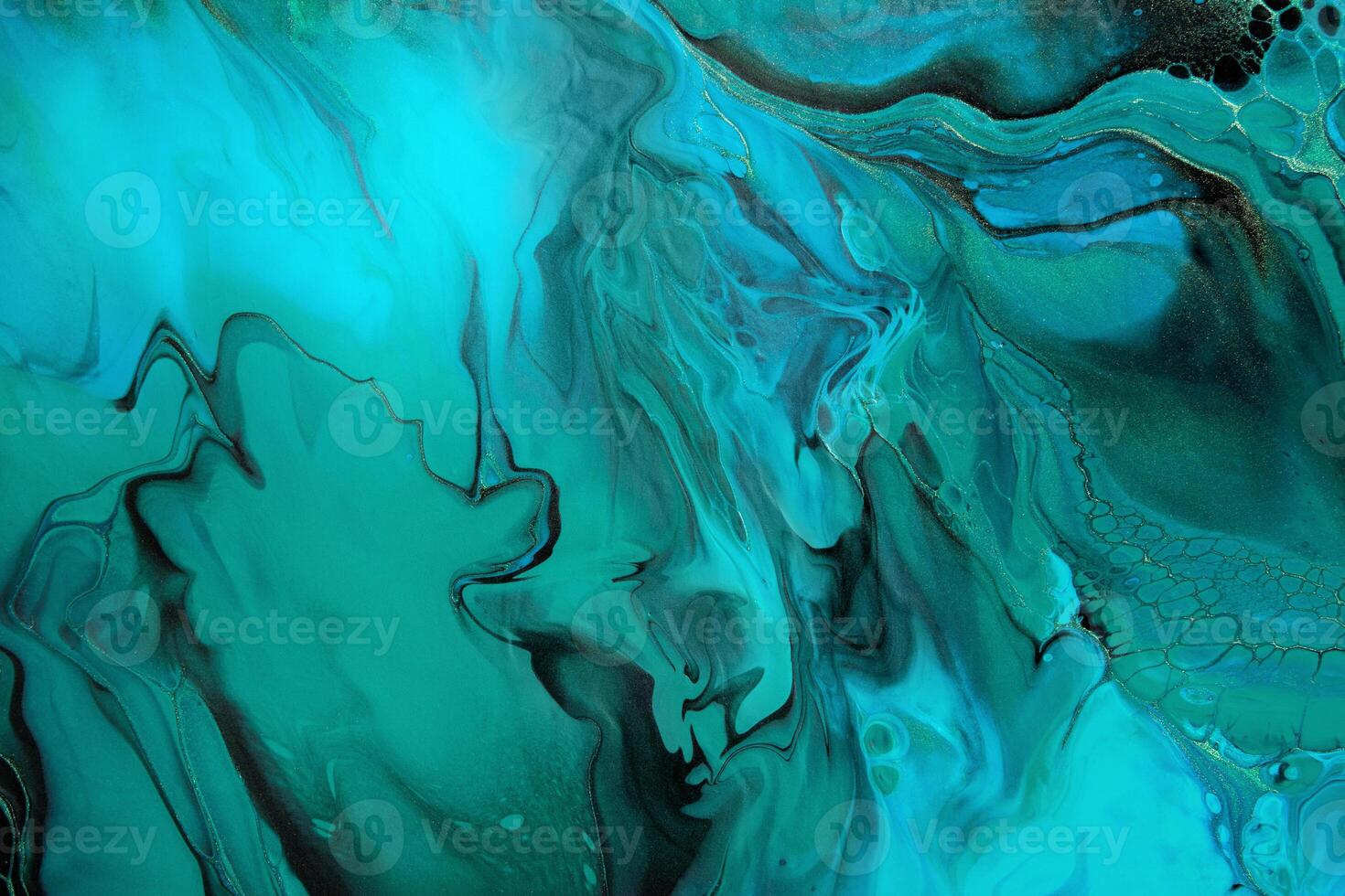 Fluid Art. Green and blue abstract wave swirls on black background. Marble effect background or texture photo