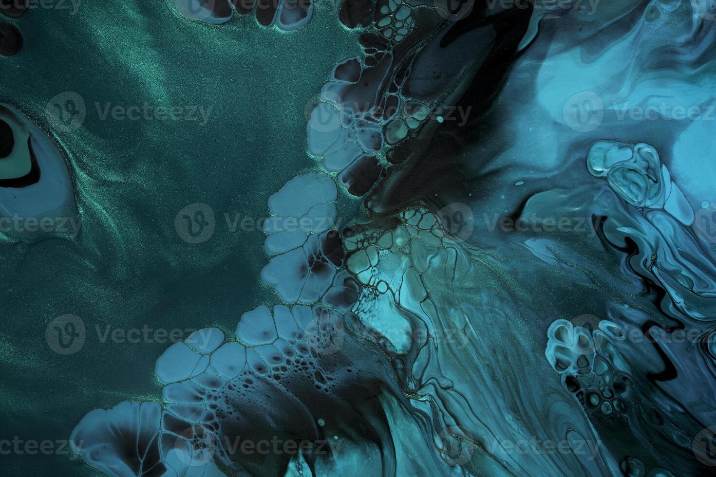 Fluid Art. Metallic Green and blue abstract waves on black background. Marble effect background or texture photo