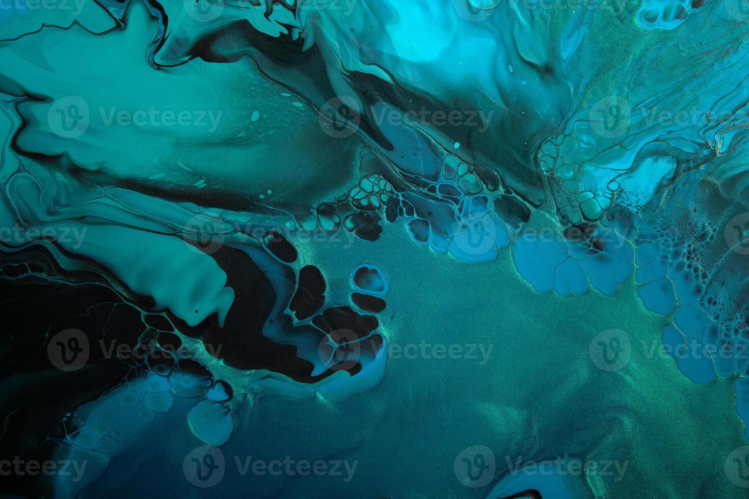 Fluid Art. Metallic Green and blue abstract wave swirls on black background. Marble effect background or texture photo