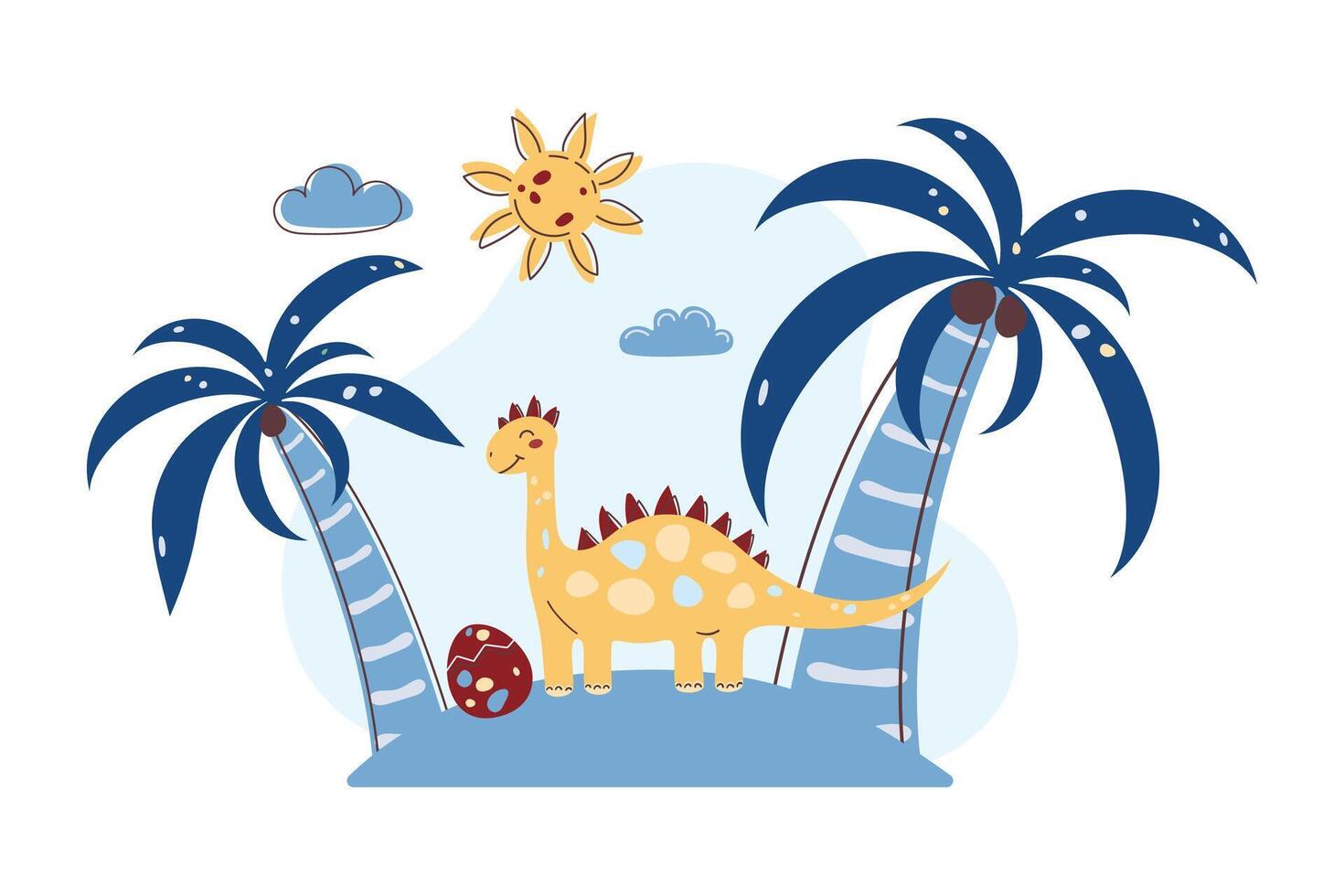 Landscape with cute brontosaurus and palm trees. Dinosaur looks at egg. Kids Style. Cute character. Flat illustration. vector