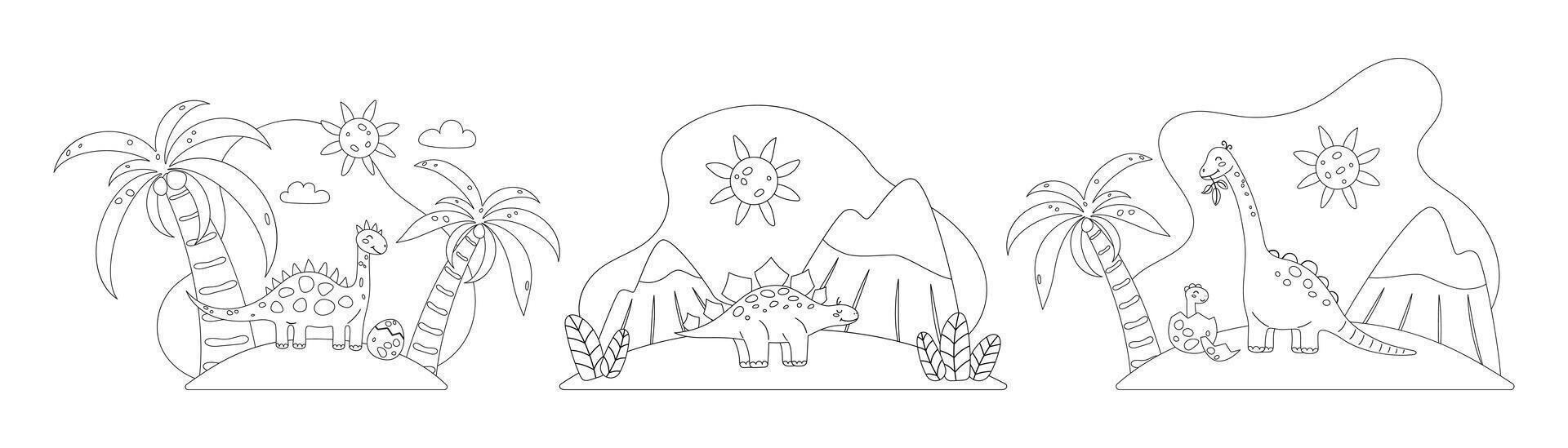 Set of three dinosaur coloring pages. Coloring book for Kids. Line art, contour graphics. illustration. vector