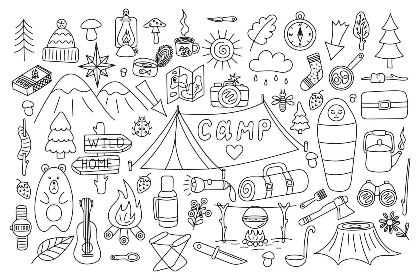 Camping and Travel Doodle Illustration Set. Hand drawn. For design of patterns, cards, print and souvenirs. illustration vector
