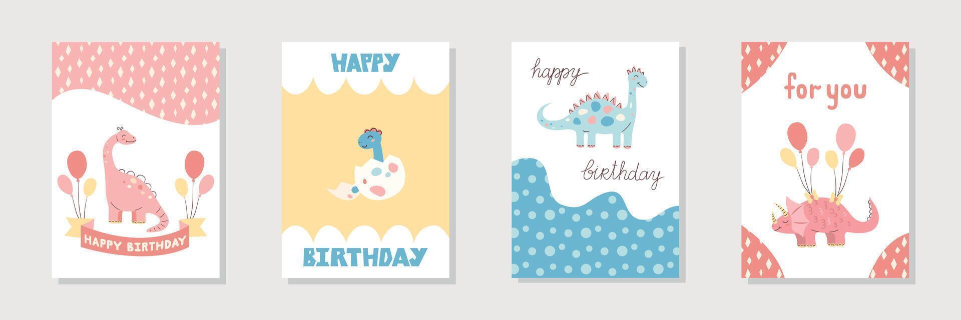 Collection of cute dinosaur cards. Happy Birthday cards and greetings. Hand drawn illustration. Pink, yellow and blue colors vector