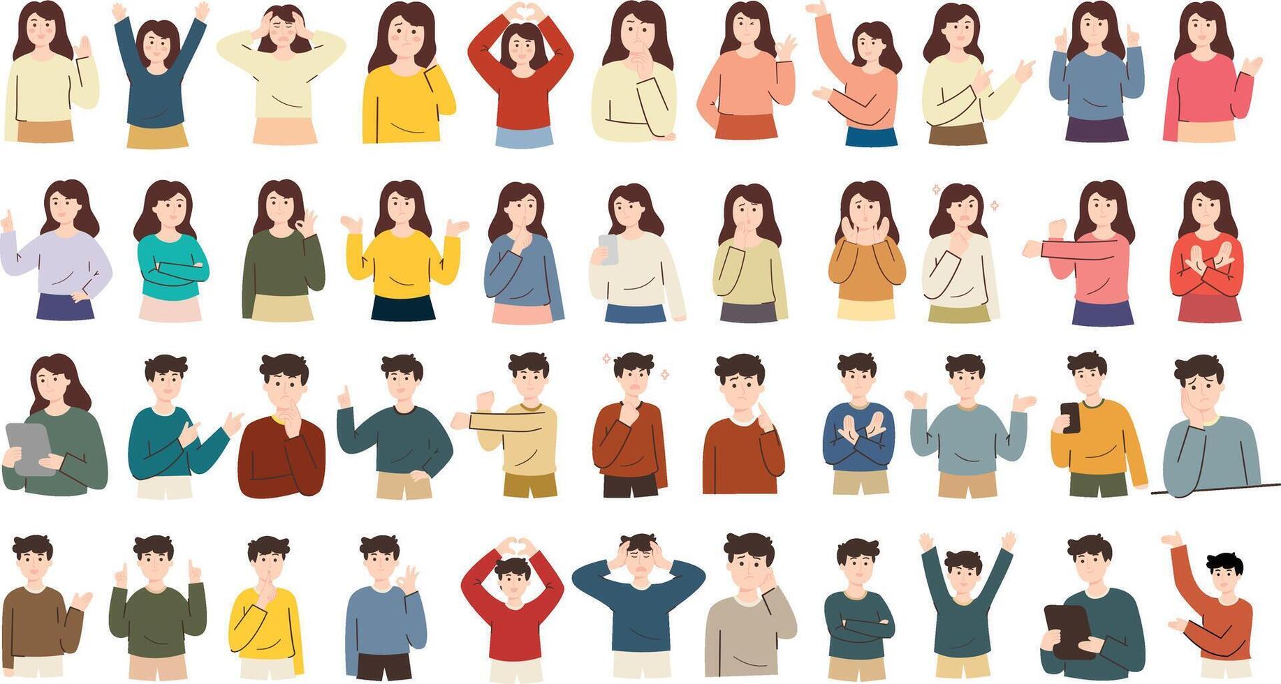 Diverse Male and Female Character Expressions and Gestures Set vector