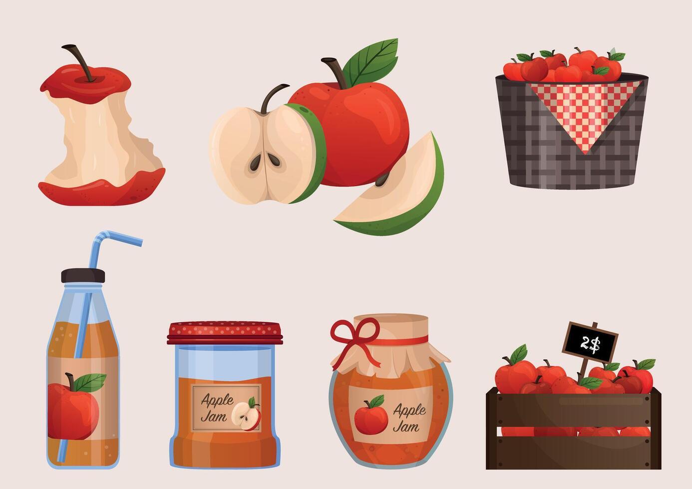 Apples harvest large collection. Red apples on branch, in basket, juice, jam, marmalade, pastila. Slice of apple. Fruits vector