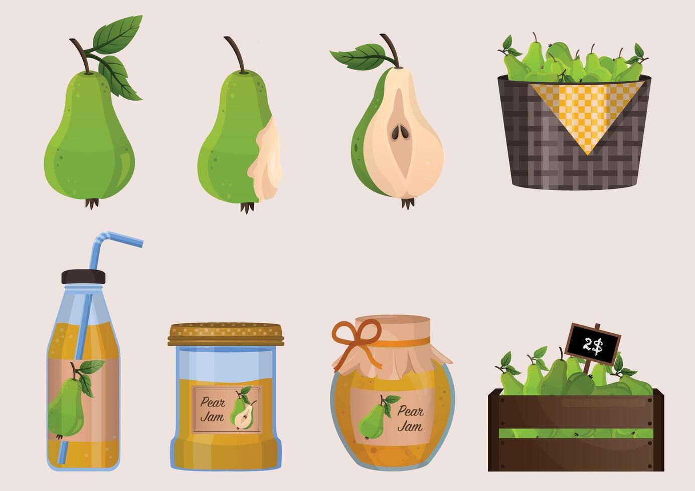 Pear harvest large collection. Green pear on branch, in basket, juice, jam, marmalade, pastila. Slice of pear. Fruits vector