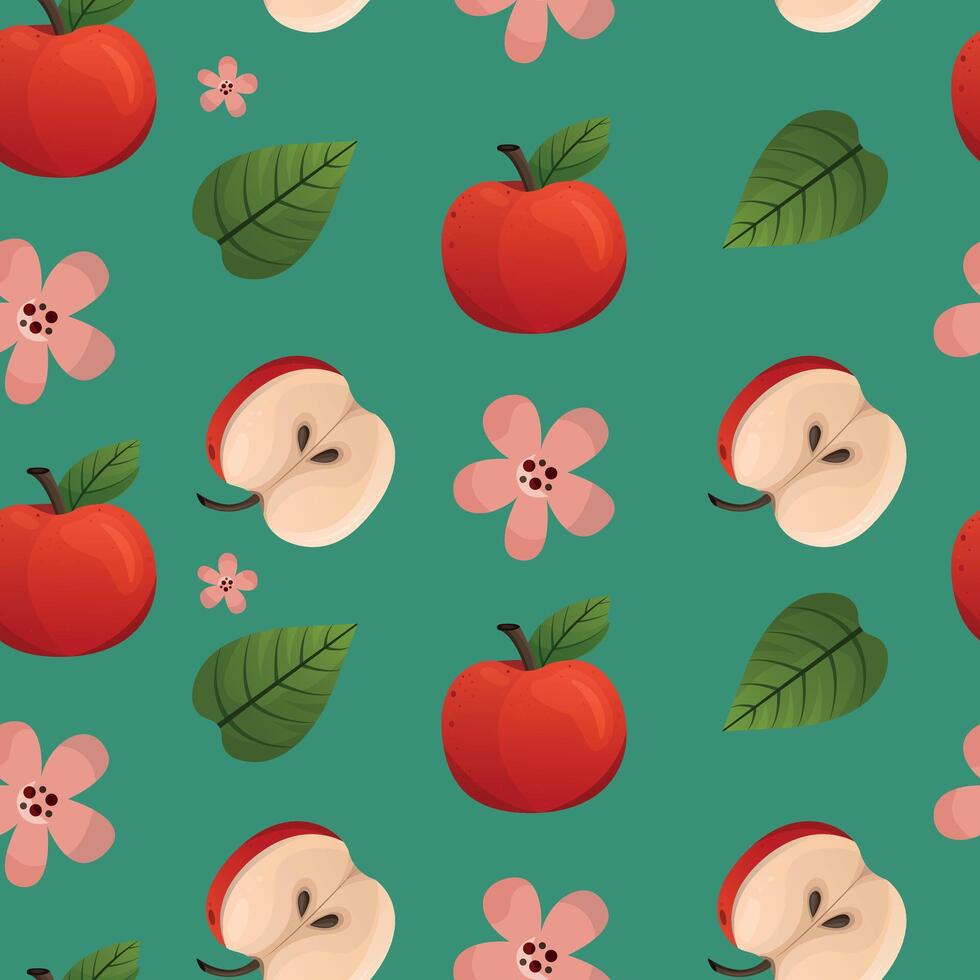 Red apple and half apple, leafs and flowers seamless pattern. Background illustration. Design for fabric, scrapbooking, packaging paper, wallpaper, wrapping, menu vector